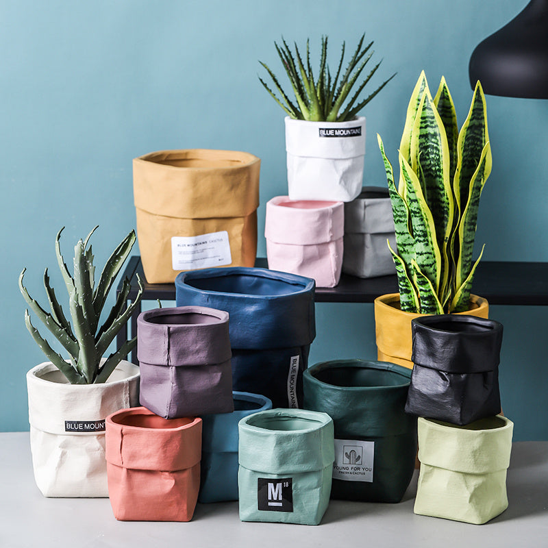 paper bag plant pots Ceramic planter paper look D16cm H16cm lightgreen