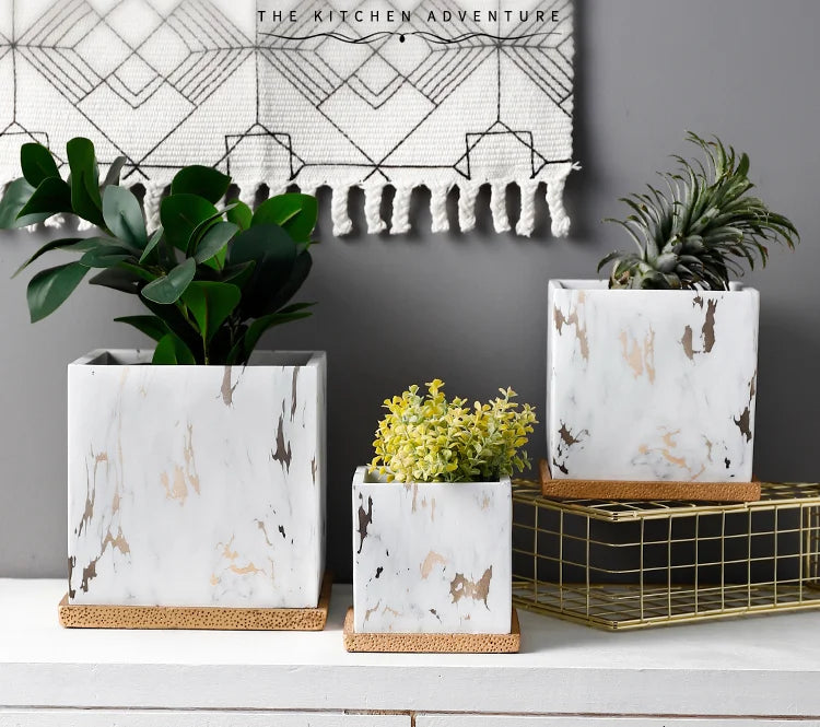 Square Marbled Ceramic Flowerpot with Base Tray