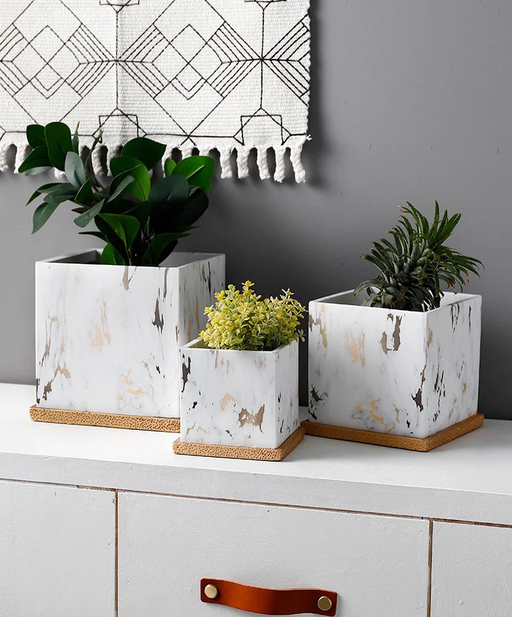 Square Marbled Ceramic Flowerpot with Base Tray