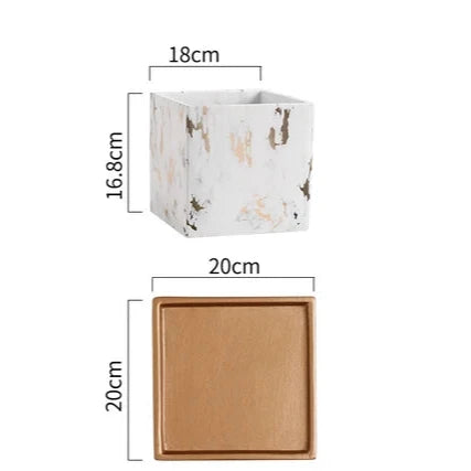 Square Marbled Ceramic Flowerpot with Base Tray
