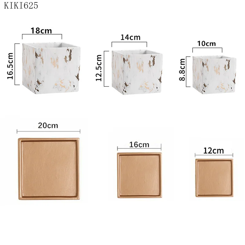 Square Marbled Ceramic Flowerpot with Base Tray