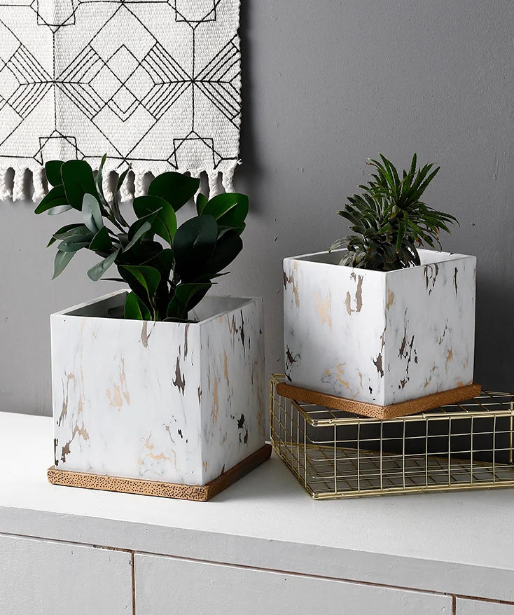 Square Marbled Ceramic Flowerpot with Base Tray
