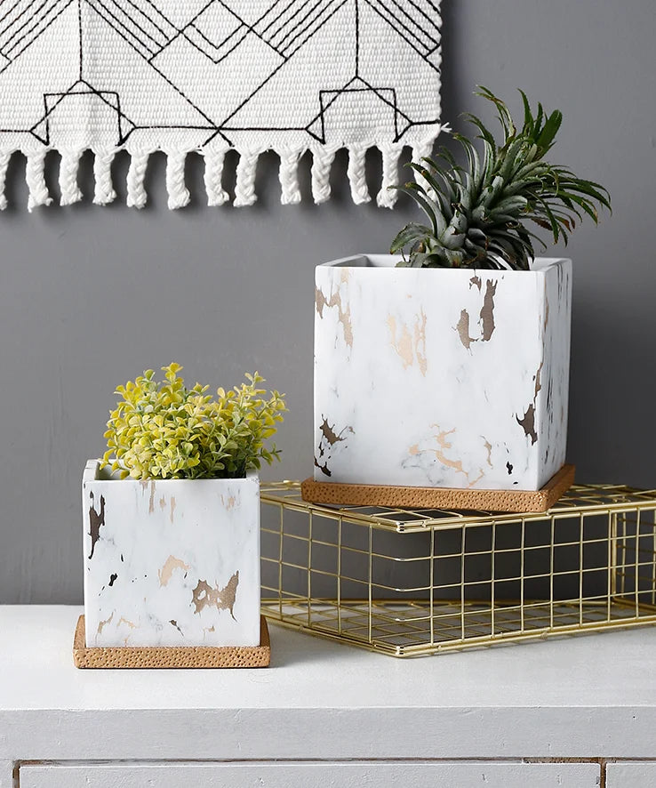 Square Marbled Ceramic Flowerpot with Base Tray