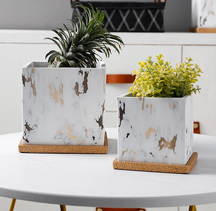 Square Marbled Ceramic Flowerpot with Base Tray