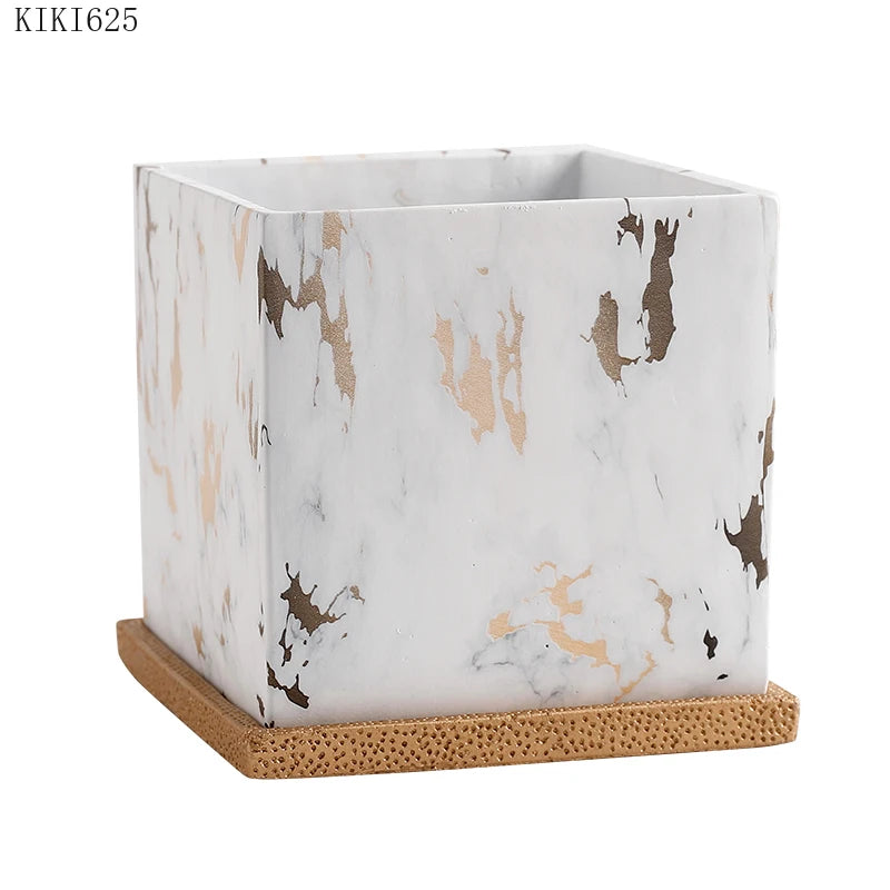 Square Marbled Ceramic Flowerpot with Base Tray
