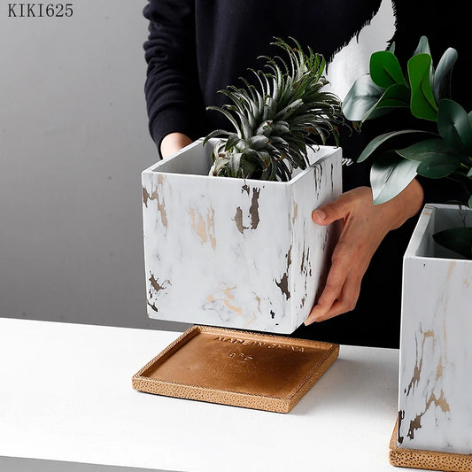 Square Marbled Ceramic Flowerpot with Base Tray