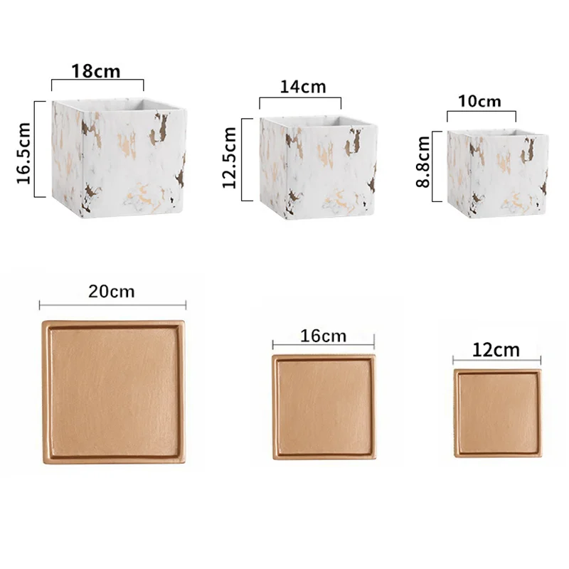 Square Marbled Ceramic Flowerpot with Base Tray