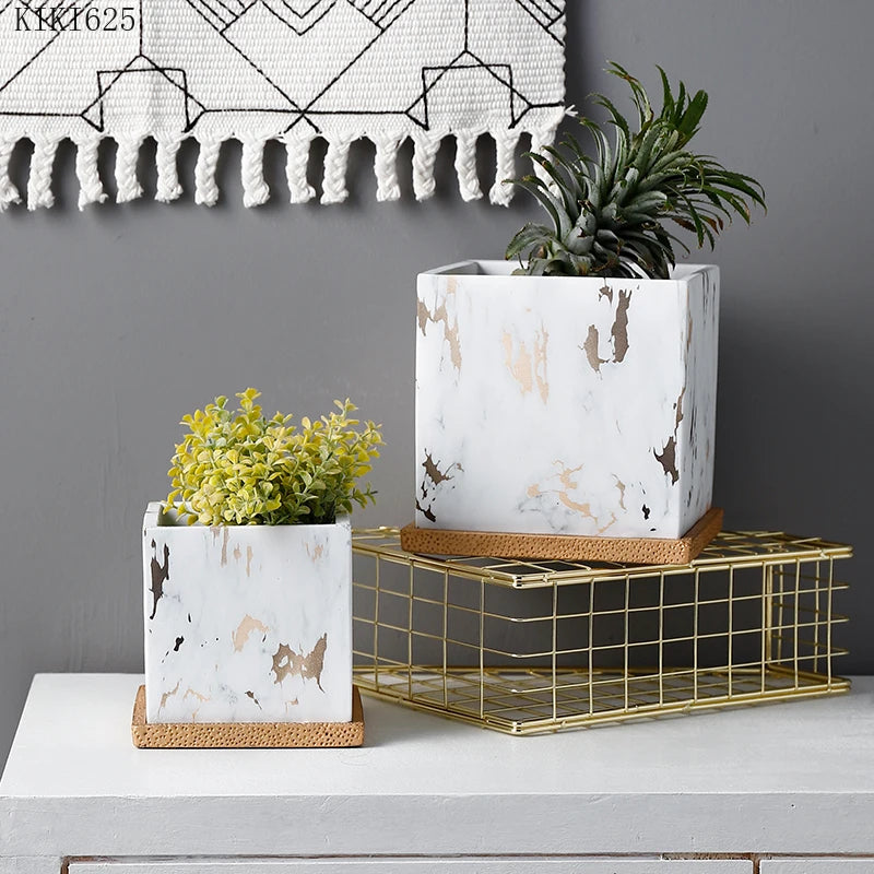 Square Marbled Ceramic Flowerpot with Base Tray
