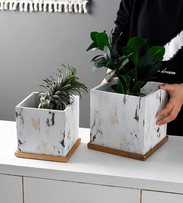 Square Marbled Ceramic Flowerpot with Base Tray