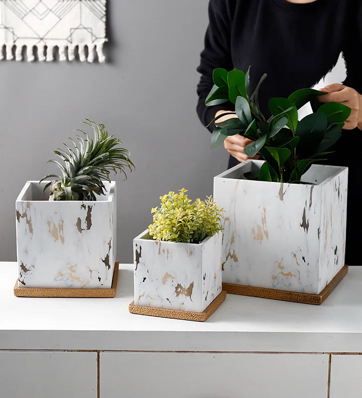 Square Marbled Ceramic Flowerpot with Base Tray