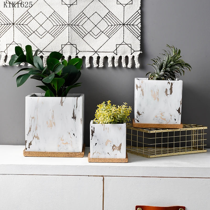 Square Marbled Ceramic Flowerpot with Base Tray