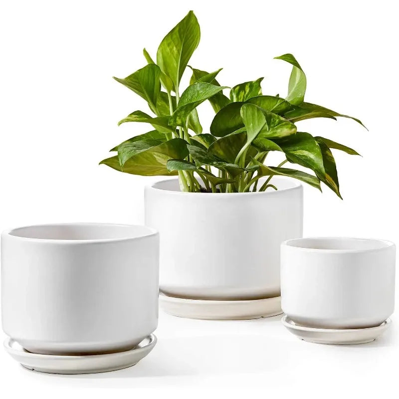Set of 3 Ceramic Planters with Drainage Hole and Saucer