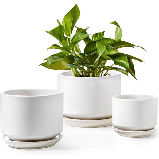 Set of 3 Ceramic Planters with Drainage Hole and Saucer