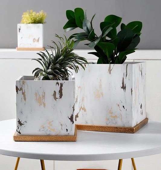 Square Marbled Ceramic Flowerpot with Base Tray